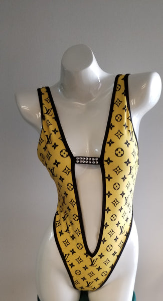 RO132S-LOUIS VUITTON YELLOW V-cut Thong Romper w/ middle strap & stones