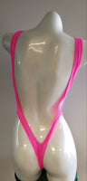 RO132S-CHANEL PINK WHITE V-cut Thong Romper w/ middle strap & stones