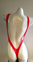RO132S-CHANEL RED WHITE V-cut Thong Romper w/ middle strap & stones