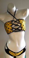 BK109DS-LOUIS VUITTON YELLOW Designer Lace up Top Bikini w/ Stone & Chain