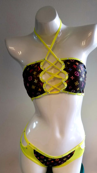 BK109DS-LOUIS VUITTON MULTICOLOR Designer Lace up Top Bikini w/ Stone –  HotGirlDancewearAZ