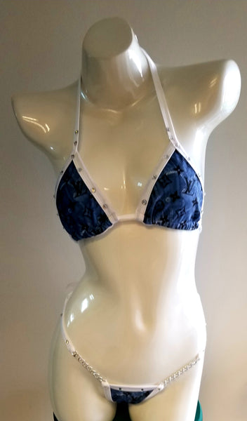 BK102DS-LOUIS VUITTON BLUE Designer Stone & Chain Bikini